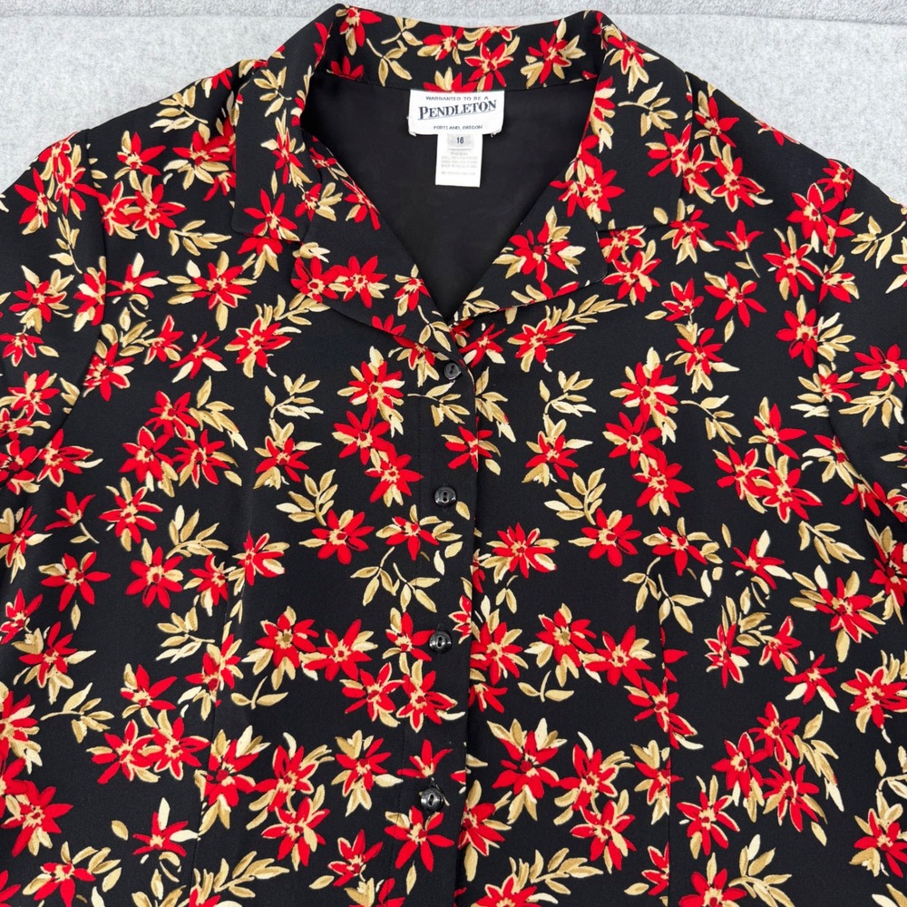 Pendleton Womens 16 Floral Button Front Blouse Black Red Short Sleeve Lined Top